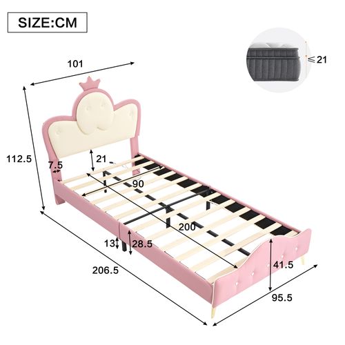 Lit Enfant 90x200 Cm - Lit Rembourré Tête Capitonnée + LED - Revêtement Pu - Rose Et Blanc