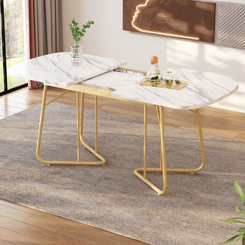 Table à Manger Extensible - Style Contemporain - Structure Mdf - Pieds Métal Plaqué Or - Blanc