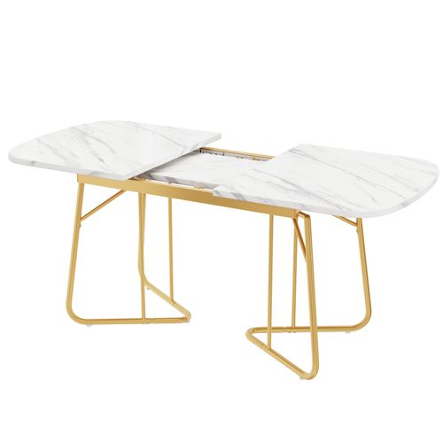 Table à Manger Extensible - Style Contemporain - Structure Mdf - Pieds Métal Plaqué Or - Blanc