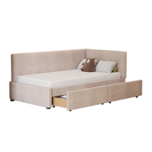 Lit Banquette 90x200 Cm - Lit Avec 2 Tiroirs De Rangement Et Sommier à Lattes - Velours Beige