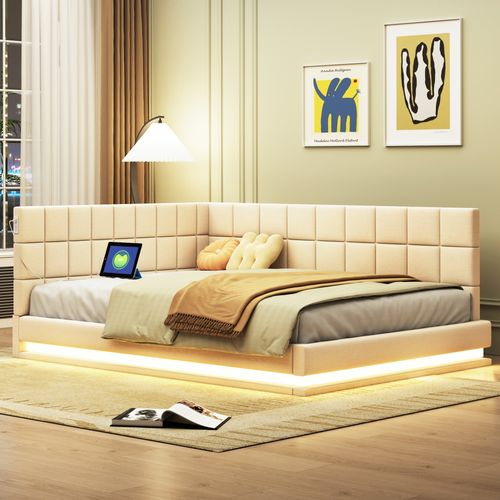 Lit Banquette 140x200 - Éclairage LED Et Port USB - Design Moderne En Tissu Beige - Sans Matelas
