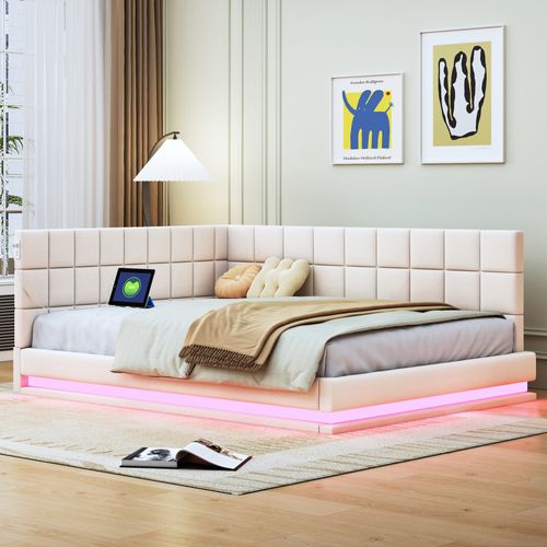 Lit Banquette 140x200 - Éclairage LED Et Port USB - Design Moderne En Tissu Beige - Sans Matelas