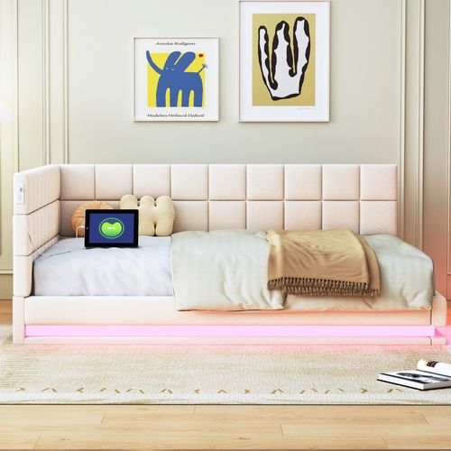 Lit Banquette 140x200 - Éclairage LED Et Port USB - Design Moderne En Tissu Beige - Sans Matelas