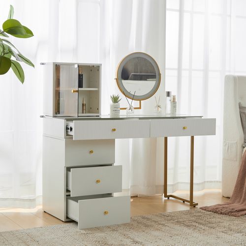 Coiffeuse Avec Miroir Lumineux, Table Maquillage Élégante Plateau Verre, Design Contemporain