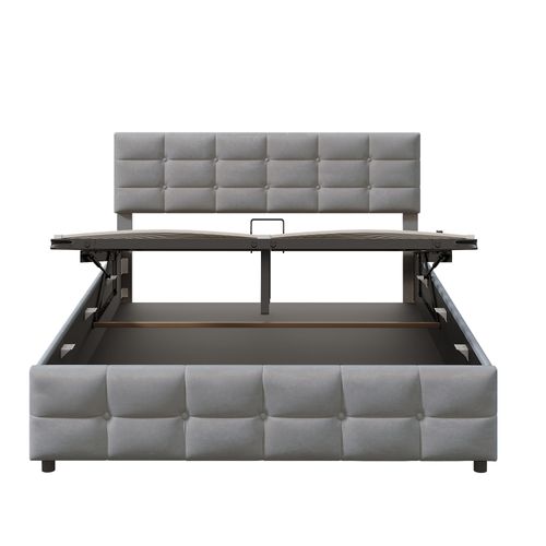 Lit Coffre 180x200 Cm - Hydraulique - Rangement Sous Le Lit - Design Confortable - Velours - Gris