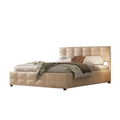 Lit Coffre 180x200 Cm - Rangement Sous Le Lit - Hydraulique - Sommier à Lattes - Velours - Beige