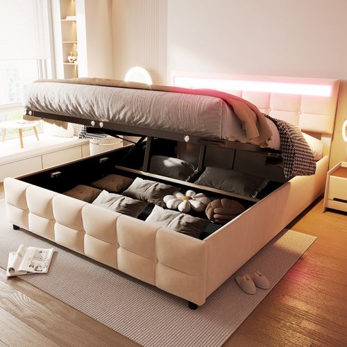 Lit Coffre 180x200 Cm - Éclairage LED - Rangement Sous Le Lit - Design Pratique - Velours - Beige