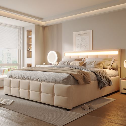 Lit Coffre 180x200 Cm - Éclairage LED - Rangement Sous Le Lit - Design Pratique - Velours - Beige
