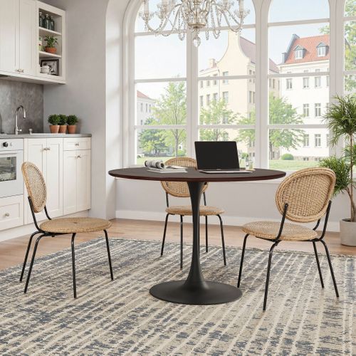 Table à Manger Ronde - Pieds Métal Noir - Plateau Finition Bois - Design Contemporain - Mdf