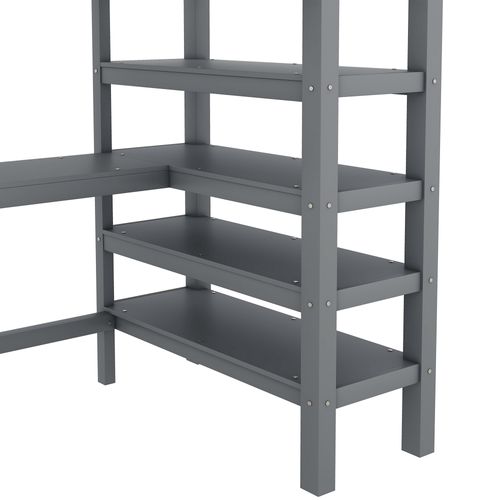 Lit Mezzanine 90 X 200 Cm - Lit Enfant Avec Bureau Et Étagères - Pin + Mdf - Gris