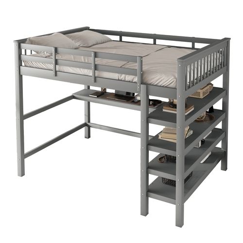 Lit Mezzanine 140 X 200 Cm - Lit Avec Bureau Et Étagères - Pin + Mdf - Gris