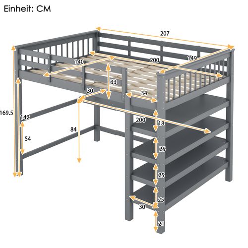 Lit Mezzanine 140 X 200 Cm - Lit Avec Bureau Et Étagères - Pin + Mdf - Gris