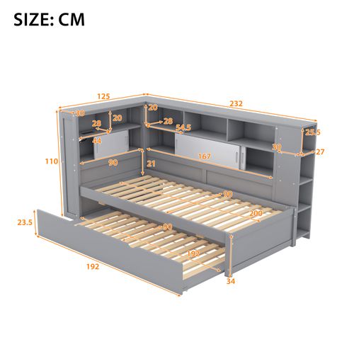Lit Gigogne 90x200 - Lit Ado/enfant Avec Tiroir De Rangement - Port USB - Kiefernholz Et Mdf - Gris
