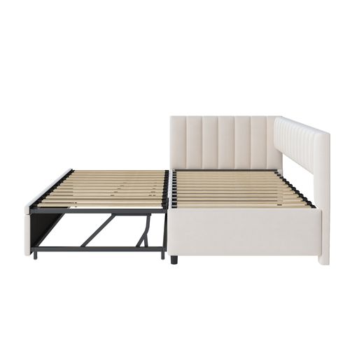 Lit Gigogne 90/180x200 - Tiroir Coulissant Convertible Pour Chambre D’enfants - Velours Beige