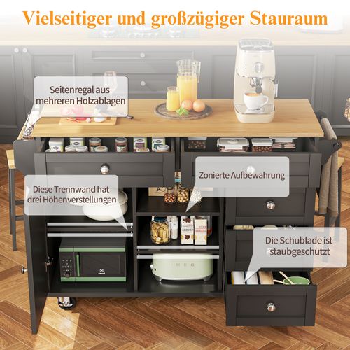 Îlot De Cuisine - Chariot Mobile Et Fixe - Rangement Et Étagères - Mdf - Noir