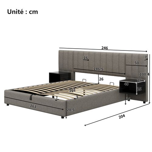 Lit Coffre 160x200 Cm - Lit Avec Rangement Hydraulique - Tables De Nuit Intégrées - Lin - Gris Noir