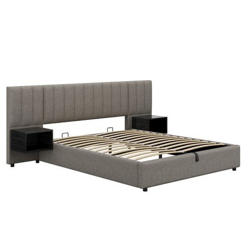 Lit Coffre 160x200 Cm - Lit Avec Rangement Hydraulique - Tables De Nuit Intégrées - Lin - Gris Noir