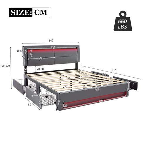 Lit Double 140x190 Cm - Lit Avec Rangement Et USB, Éclairage LED - Gris