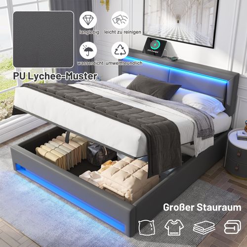 Lit Avec Rangement 140x200 Cm - USB - LED - Chargement - Gris