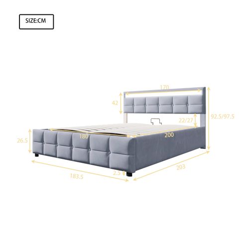 Lit Coffre 180x200 Cm - Éclairage LED - Rangement Sous Le Lit - Design Pratique - Velours - Gris