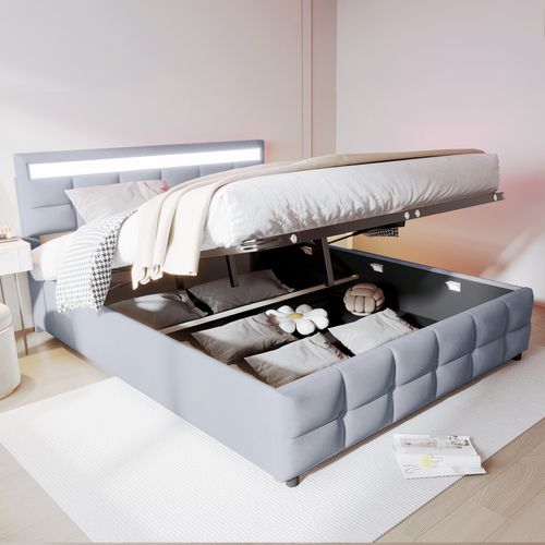 Lit Coffre 180x200 Cm - Éclairage LED - Rangement Sous Le Lit - Design Pratique - Velours - Gris