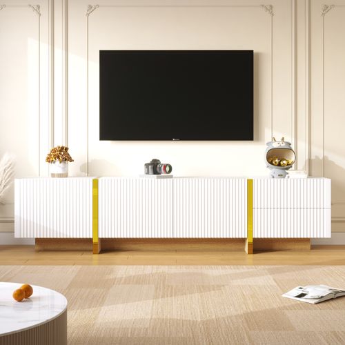 Meuble TV - 3 Portes Coulissantes - 2 Tiroirs Rangement - Mdf Pb - Blanc Or Bois