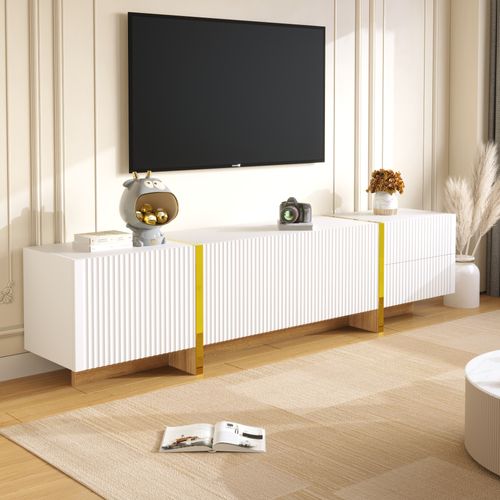 Meuble TV - 3 Portes Coulissantes - 2 Tiroirs Rangement - Mdf Pb - Blanc Or Bois