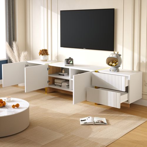 Meuble TV - 3 Portes Coulissantes - 2 Tiroirs Rangement - Mdf Pb - Blanc Or Bois