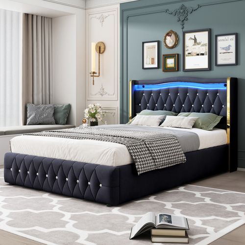 Lit Coffre 140×200 Cm - LED Multicolores - Rangement Hydraulique - Lit Rembourré - Velours - Noir