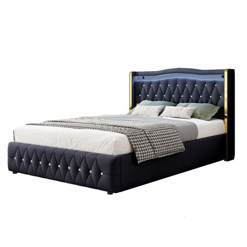 Lit Coffre 140×200 Cm - LED Multicolores - Rangement Hydraulique - Lit Rembourré - Velours - Noir