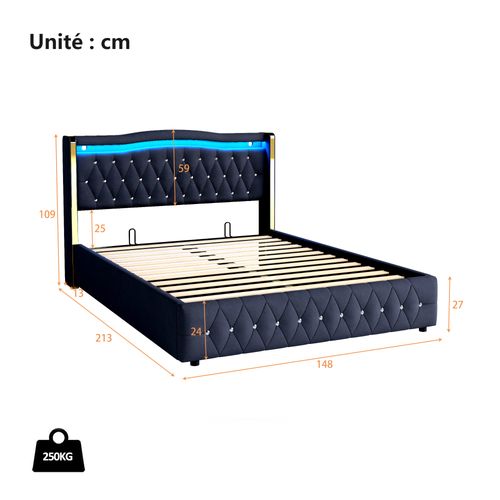 Lit Coffre 140×200 Cm - LED Multicolores - Rangement Hydraulique - Lit Rembourré - Velours - Noir