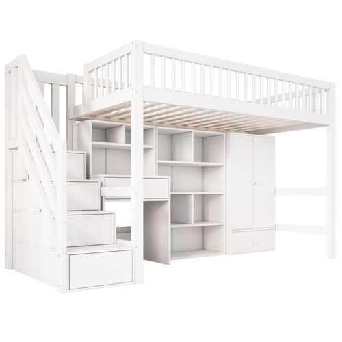 Lit Mezzanine 90x200 Cm - Bureau - Escaliers - Rangement - Bois - Blanc