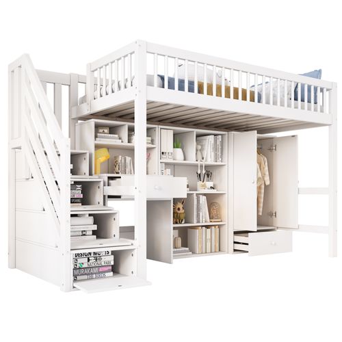 Lit Mezzanine 90x200 Cm - Bureau - Escaliers - Rangement - Bois - Blanc