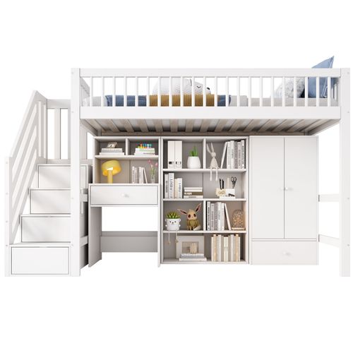 Lit Mezzanine 90x200 Cm - Bureau - Escaliers - Rangement - Bois - Blanc