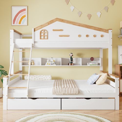Lit Superposé 90x200 Et 140x200 - Enfant - Rangement - Étagère - Échelle - Pin Mdf - Blanc + Naturel