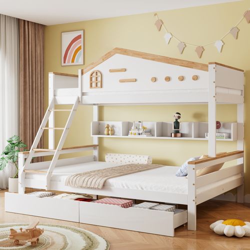 Lit Superposé 90x200 Et 140x200 - Enfant - Rangement - Étagère - Échelle - Pin Mdf - Blanc + Naturel