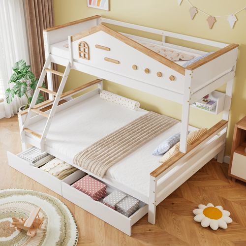 Lit Superposé 90x200 Et 140x200 - Enfant - Rangement - Étagère - Échelle - Pin Mdf - Blanc + Naturel