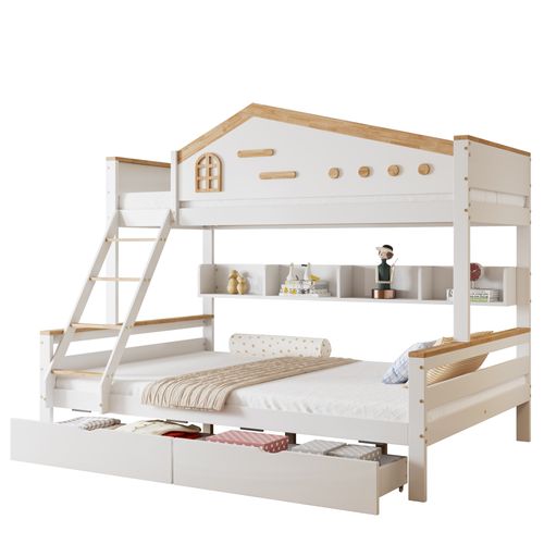 Lit Superposé 90x200 Et 140x200 - Enfant - Rangement - Étagère - Échelle - Pin Mdf - Blanc + Naturel