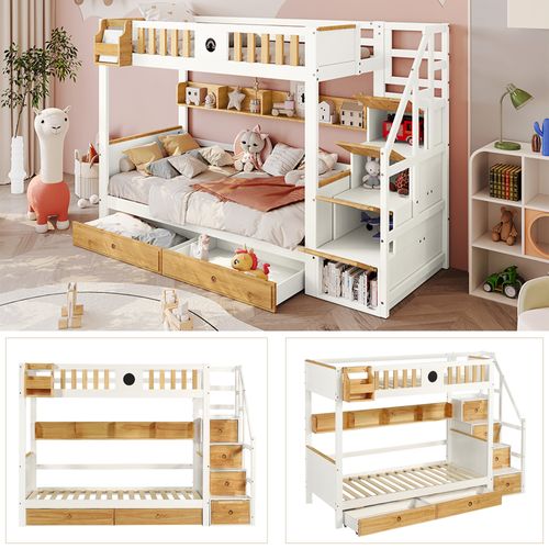 Lit Superposé 90x200 Cm - Enfant - Rangement - 2 Tiroirs - Armoires - Pin Mdf - Blanc+naturel