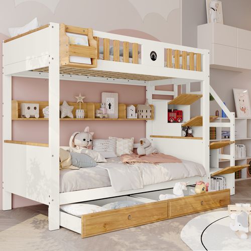 Lit Superposé 90x200 Cm - Enfant - Rangement - 2 Tiroirs - Armoires - Pin Mdf - Blanc+naturel