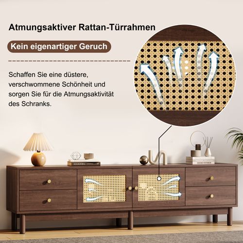 Meuble TV Avec 2 Portes Rotin Et 4 Tiroirs, Passage De Câbles, TV 80 Pouces, Panneau De Particule