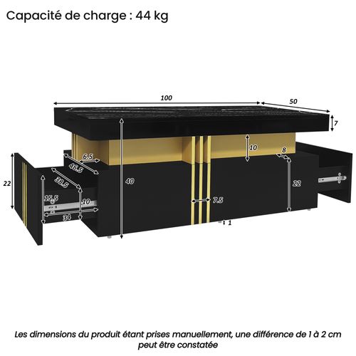 Table Basse Moderne Avec 2 Tiroirs, Plateau Bois, 100×50×40 Cm, Noir