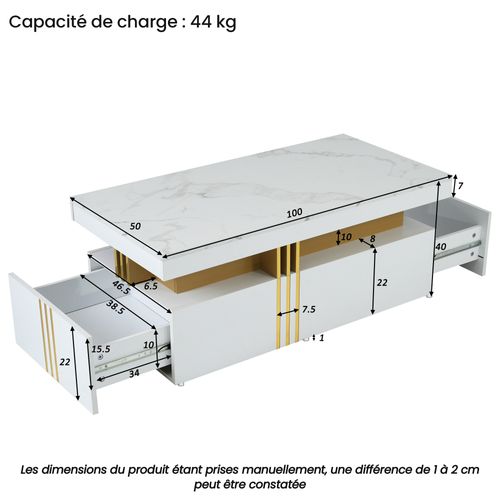 Table Basse Moderne Avec 2 Tiroirs, Plateau Bois, 100×50×40 Cm, Blanc