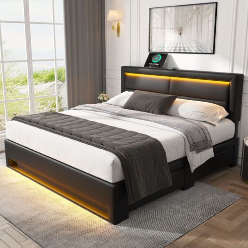 Lit Double 140x190 Cm - Lit Avec Rangement, USB Et LED Intégrées - Noir