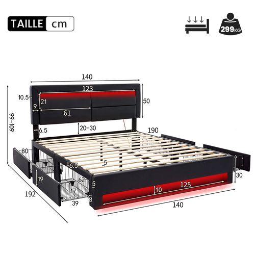 Lit Double 140x190 Cm - Lit Avec Rangement, USB Et LED Intégrées - Noir