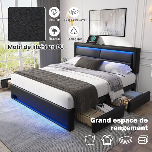 Lit Double 140x190 Cm - Lit Avec Rangement, USB Et LED Intégrées - Noir