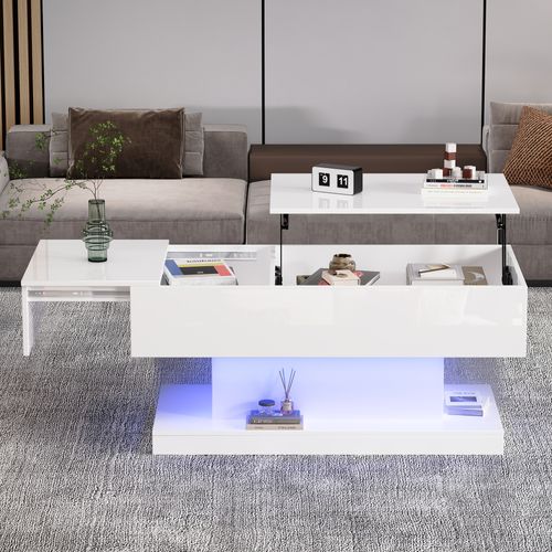 Table Basse Avec Plateau Relevable Hydraulique Et LED, Haute Brillance, Rangement, 100×50×45 Cm