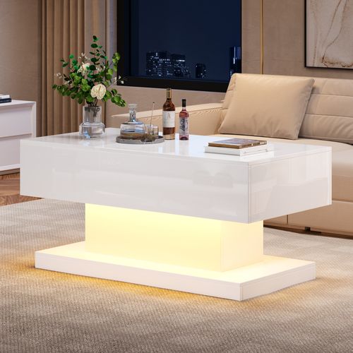 Table Basse Avec Plateau Relevable Hydraulique Et LED, Haute Brillance, Rangement, 100×50×45 Cm