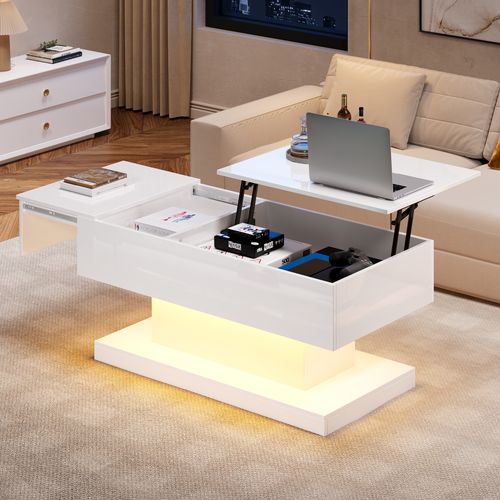 Table Basse Avec Plateau Relevable Hydraulique Et LED, Haute Brillance, Rangement, 100×50×45 Cm