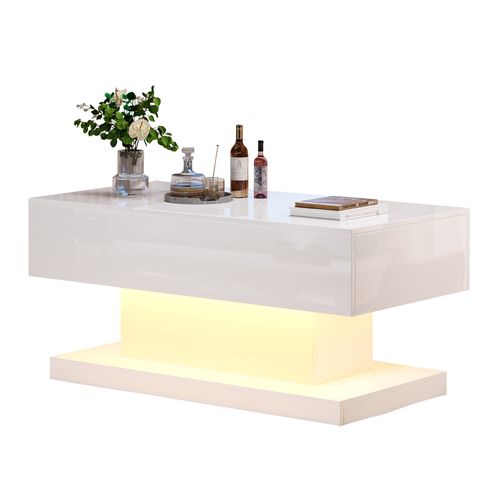 Table Basse Avec Plateau Relevable Hydraulique Et LED, Haute Brillance, Rangement, 100×50×45 Cm